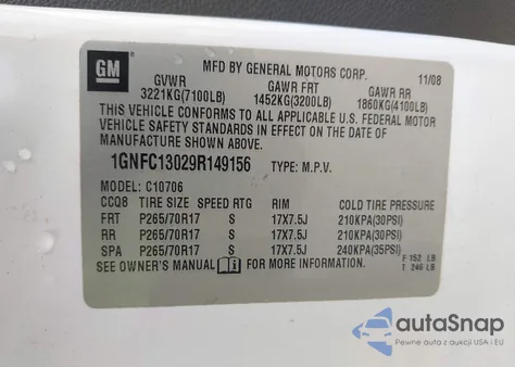 2009 Chevrolet Tahoe Ls z USA, uszkodzony, nr VIN 1GNFC13029R149156